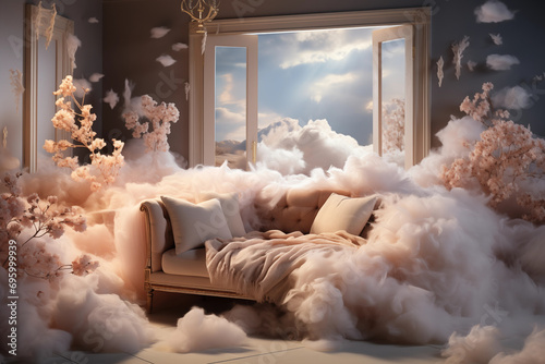 Emphasize the elegance of a beautifully made bed seemingly floating on a white cloud, blending sophistication with the whimsical charm of a dreamy setting.