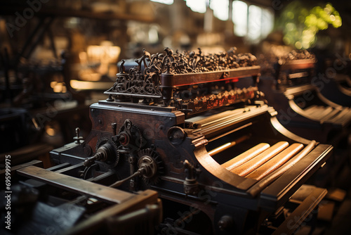 Showcase the printing press in operation outdoors, with the rhythmic movements of the machinery and the interplay of sunlight, portraying the artistry of the printing process.