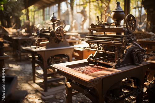 Showcase the printing press in operation outdoors, with the rhythmic movements of the machinery and the interplay of sunlight, portraying the artistry of the printing process.