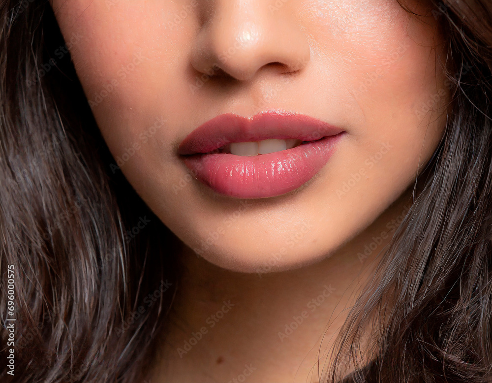 Detail of a female mouth with full lips. Lips slightly open to glimpse white teeth. Woman's lips and nose. Soft skin. Naturally plump full Lips. Close-up face detail. Perfect clean skin. Detail of a female mouth with full lips. Lips slightly open to glimpse white teeth. Woman's lips and nose. Soft skin. Naturally plump full Lips. Close-up face detail. Perfect clean skin.