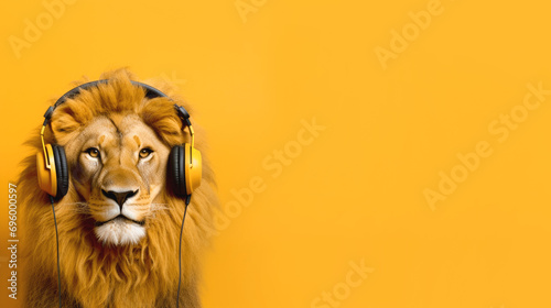 Fluffy lion listening to music with headphones on an orange background photo