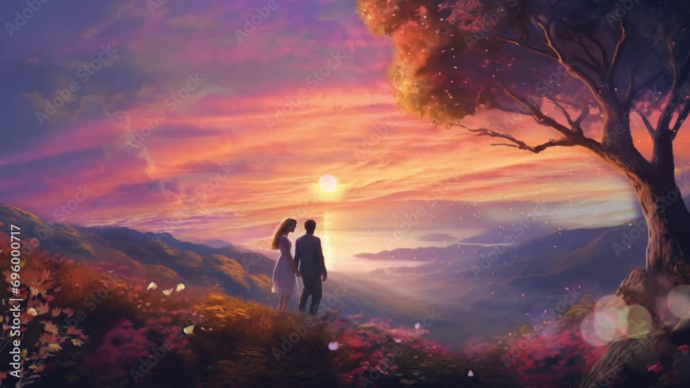Couple romantic looking sunset animation. Seamless looping video 4k