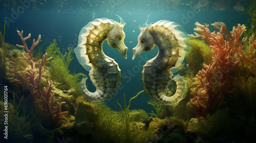 Two seahorses intertwined among swaying seagrass, forming a heart shape underwater. Ocean floor with colorful corals, sunlight filtering through water, bubbles rising. St Valentine's Day