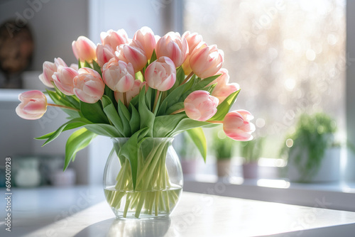 A beautiful bouquet of delicate pink tulips in a glass vase on a white table against the background of a window. Spring sunny day