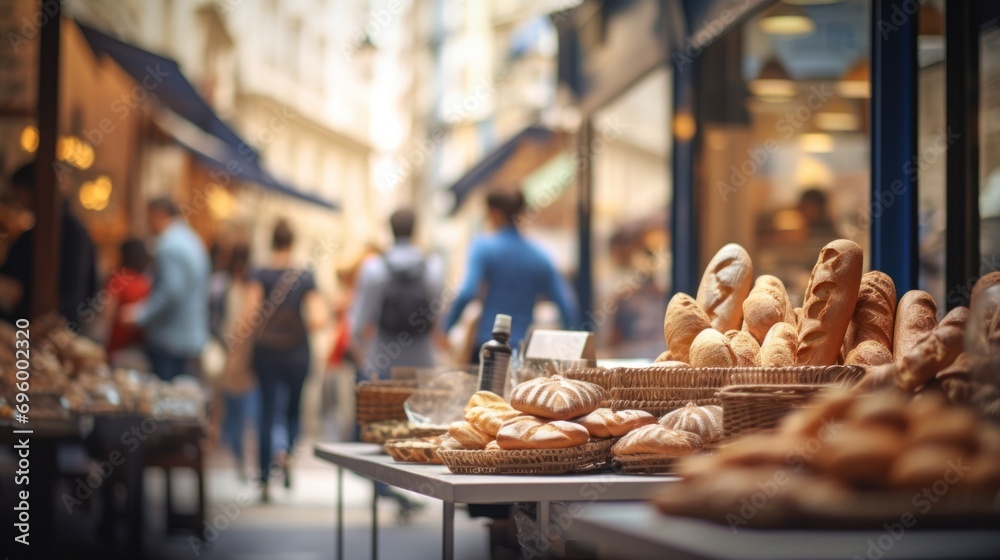 Close up view of a bakery shop amidst a bustling street with blurred tourists in the background, symbolizing the essence of travel, vacation, and holiday.