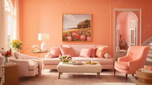 interior of the fashionable Apricot Crush room is peach-orange. Design of a living room with a sofa  indoor plants  paintings  lamp