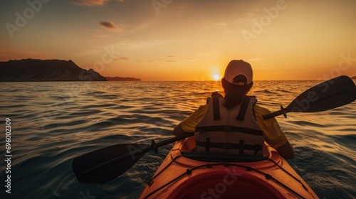 Close up photo of couple enjoying kayaking at sunset on the sea. © Sandris_ua