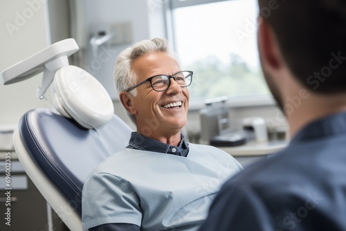 A man sitting in a dentist chair smiling photo