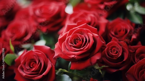 Close-up of beautiful red roses in full bloom  showcasing their natural beauty and evoking feelings of elegance  intimacy  romance  and delicacy.