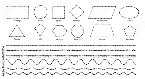 Barb wire shapes and pattern texture design vector graphic. Basic geometric shapes collection vector set. Brush and stroke vector design.