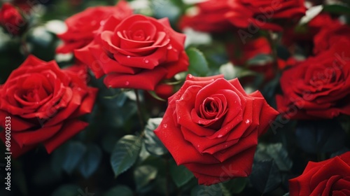Close-up of red roses in full bloom  showcasing their elegance  intimacy  romance  and delicate beauty in their natural habitat.
