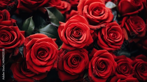 Close-up of vibrant red roses in full bloom, showcasing their natural beauty and creating an elegant, intimate, and romantic atmosphere.