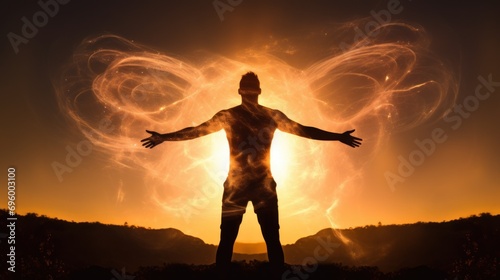 Silhouette Engulfed in Energy Fields at Sunset. The silhouette of a person stands with arms outstretched, encompassed by swirling energy fields, against the backdrop of dramatic sunset.
