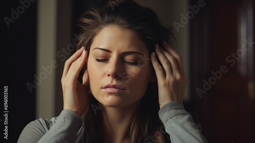 Woman Practicing Stress Relief with Head Massage. A woman appears to be relieving stress with a self-administered head massage, eyes closed and focused on relaxation, dark background.