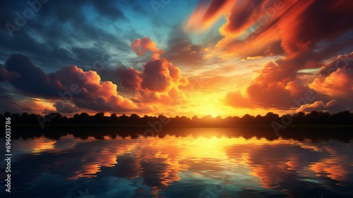 Colorful Sunset Landscape. Sky Reflection in Water Scene