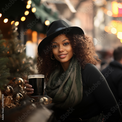 Mujer joven, sombrero negro clásico, cabello rizado marrón sonriente en bar calle brindando en el festival octubre, cita, bebiendo cerveza oscura, de frente, bufanda, luna de miel photo