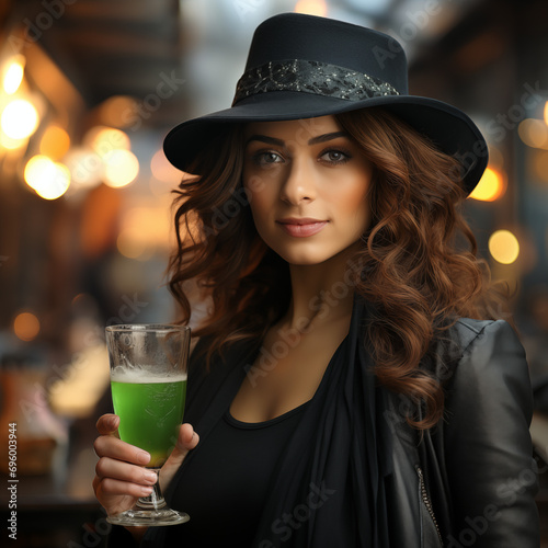 Mujer joven, sombrero negro estilo vaquero, cabello ondulado castaño en bar calle brindando en el festival octubre, viaje de turismo, aniversario, bebiendo cerveza artesanal, de frente, chaqueta cuero photo
