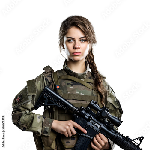 Soldier of USA army, in military uniform with gun, woman, Isolated on Transparent Background, PNG