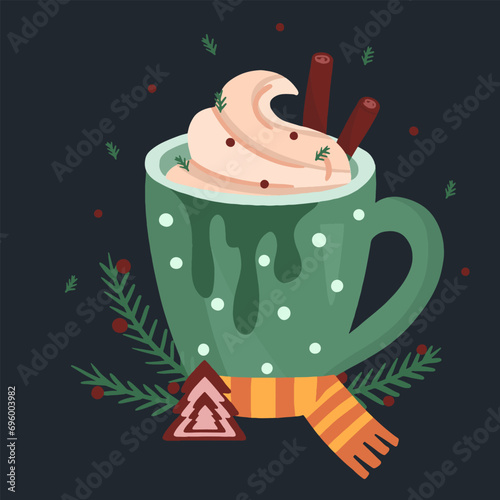 Christmas mug with creamy drink. Christmas mug with hot drink coffee, chocolate. Hand drawn Christmas coffee mug in flat style.