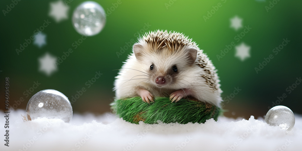 Süßer Igel mit Schnee im Lichter Bokeh als Poster im Querformat für ...