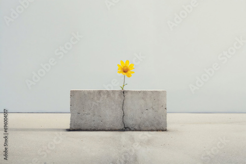 A lone yellow flower blooms through a concrete block, symbolizing hope, resilience, and the beauty of nature's persistence against urbanity