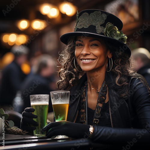 Mujer mediana edad, sombrero negro clásico, satén y raso, morena cabello rizado sonriente en bar calle brindando en el festival octubre, viaje de placer, cita, bebiendo cerveza artesanal, de frente photo