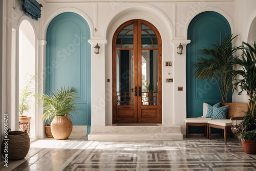 Interior design of greek island-style entrance hall with doorway © Bockthier