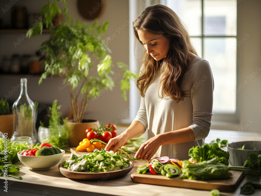 Contemporary Kitchen Setup Featuring Fresh Produce and Individual Cooking a Nutritious Dish