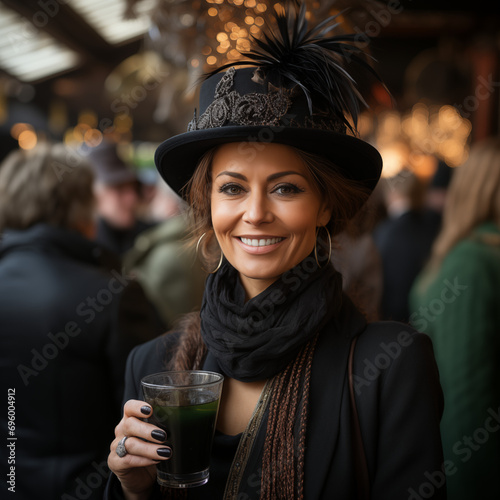 Mujer mediana edad, sombrero negro clásico con plumas, satén y raso, cabello recogido trenza atractiva en un bar calle brindando éxito de negocio, viaje de placer, cita casual, bebiendo cerveza photo