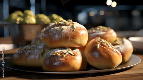 Delicious buns with pistachios on plate, closeup