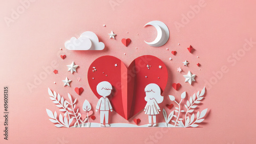 Valentine's Day paper cut style with couples giving love and hearts to each other. Romantic valentine's day background.