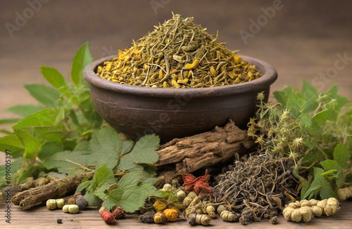 Indian natural herbal medicine close up on wooden background