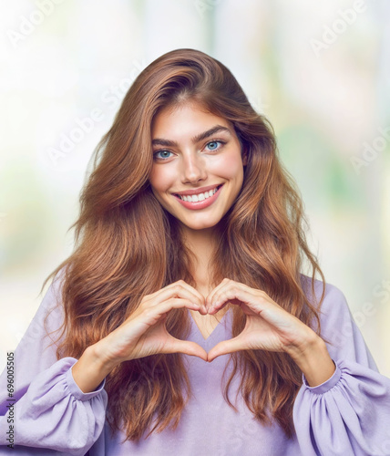 Young woman make shape heart her hands, simbol campain to stop gender discrimination. Concept for international Women's day. photo