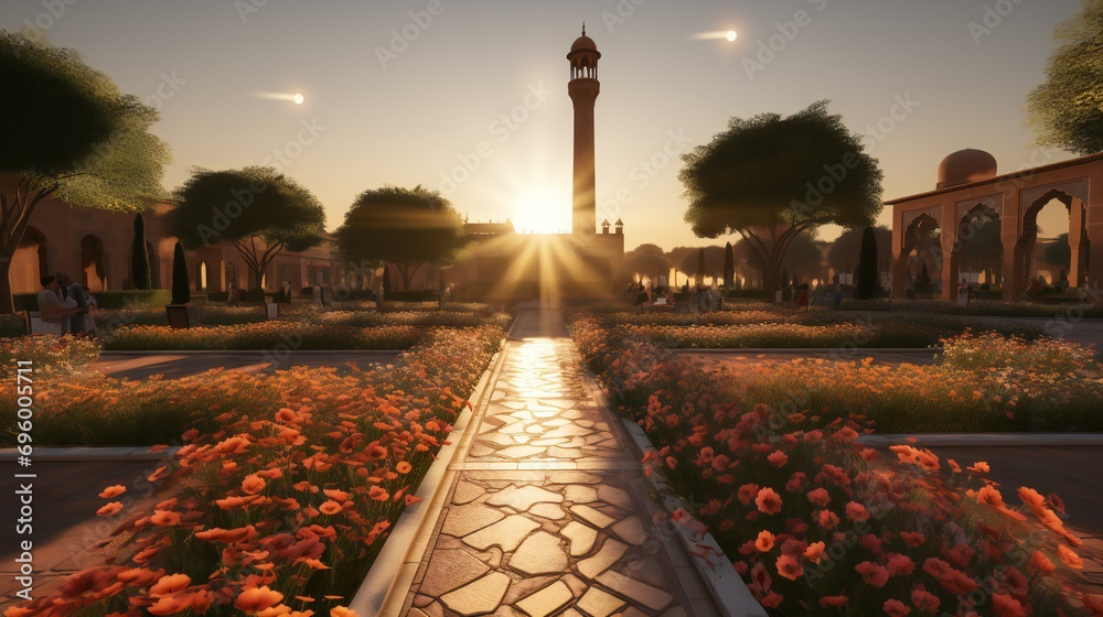 Obraz premium Sunset in Marrakech, Morocco, capturing the city's magical atmosphere. A scenic and cultural illustration of African beauty and tradition
