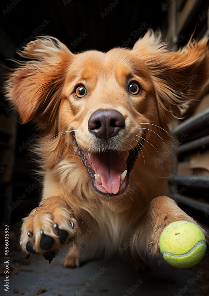 Happy golden retriever dog playing ball