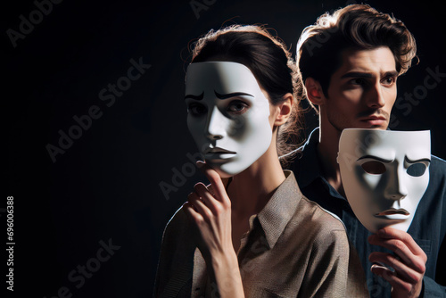 Man and woman with Comedy and tragedy masks on solid black background rim and atmosphere light. ai generative