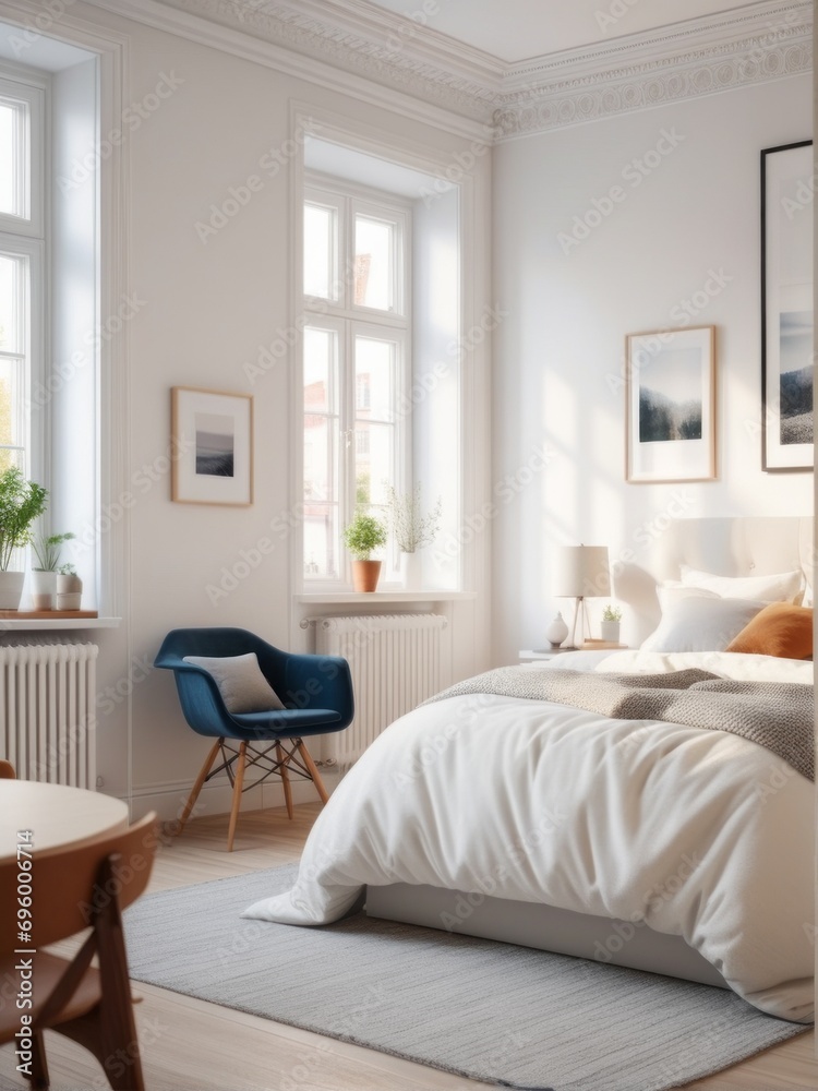 idea design apartment a cozy Scandinavian white bedroom. Bed, soft cushion, white and cream pillows, carpet under the bed, picture frame in a white room. perfect space for relaxation and comfort