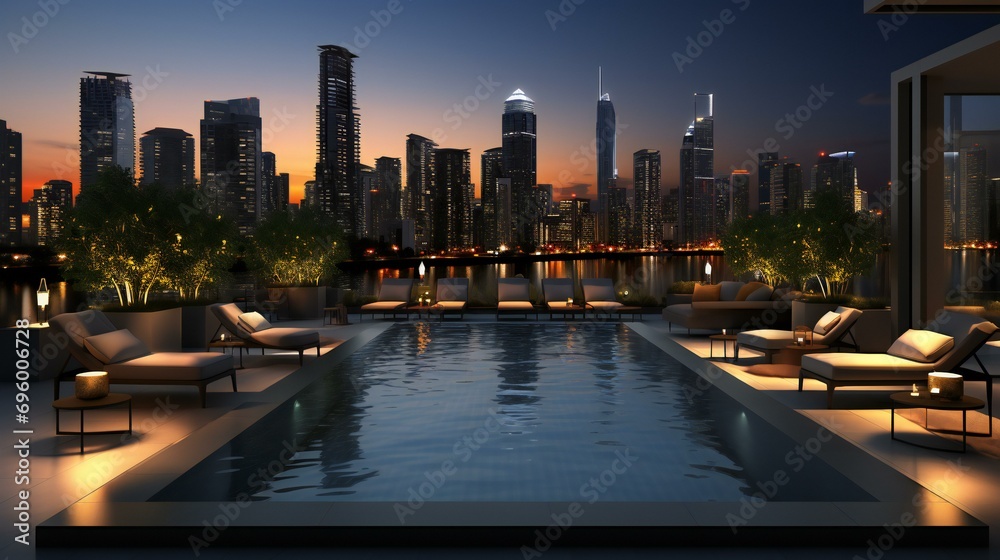 Obraz premium City skyline with a rooftop swimming pool. A modern and luxurious depiction of urban architecture, relaxation, and cityscape views