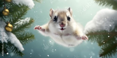 Fliegendes süßes Eichhörnchen im Schnee blickt in die Kamera Cartoons im Querformat für Banner, ai generativ photo