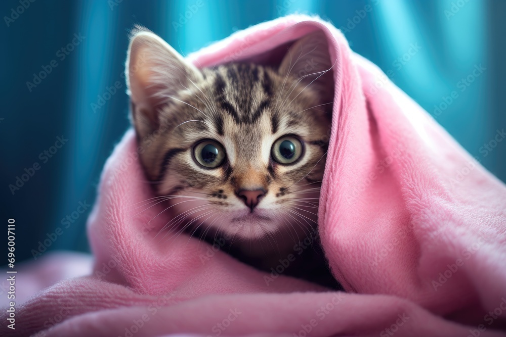 Cute little tabby kitten with blue eyes under a pink blanket, Cute wet gray tabby cat kitten after a bath wrapped in a pink towel with blue eyes, AI Generated