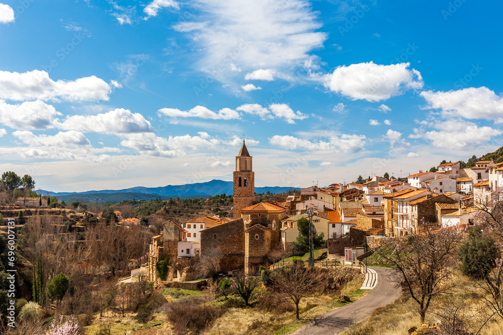 View of the village of Cortes de Arenoso, with the Church in the middle, in Castellón, Spain.