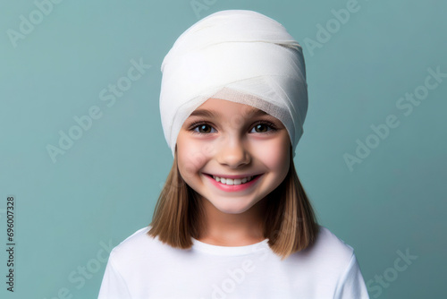Photo of a cute smiling girl with her head covered in white bandages on solid color background. ai generative