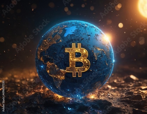 on dark background bitcoin planet glowing blue and sparks around