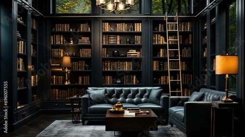 Library interior with vintage charm. An elegant portrayal of a classic home library, blending antique furniture with a love for literature