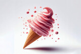 Pink delicious Ice cream flying on white background. ai generative