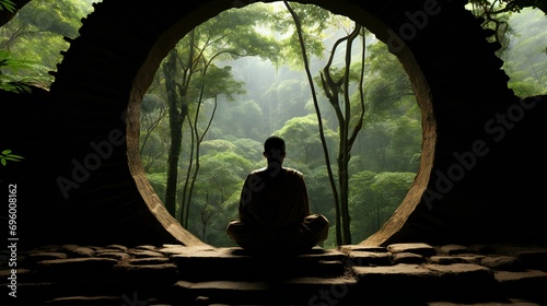 Meditation in nature at sunrise. A harmonious blend of tranquility, spirituality, and physical well-being in a serene outdoor setting