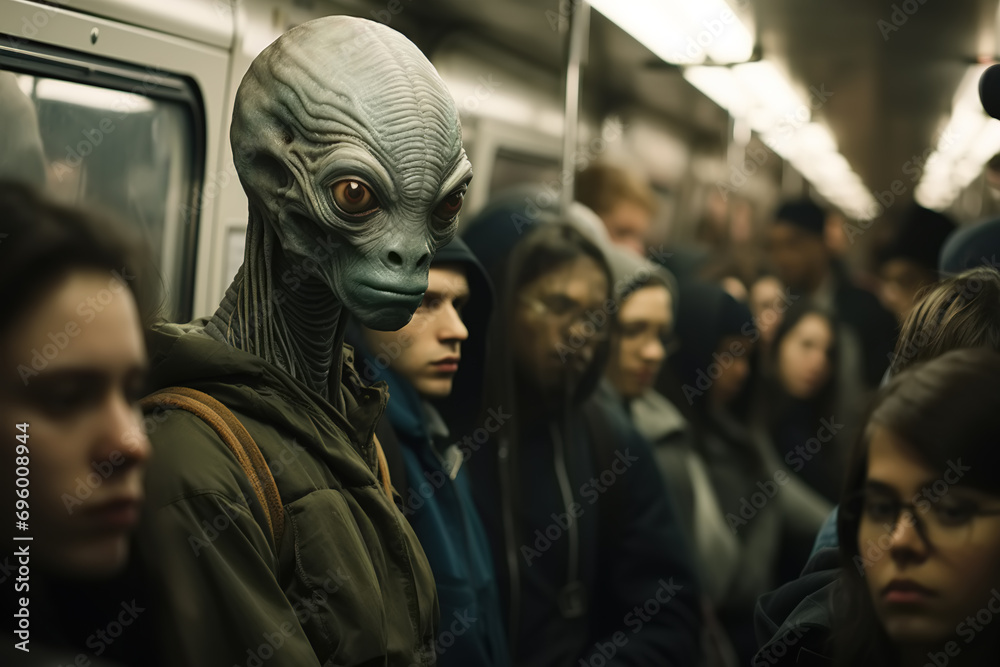 Tired alien passenger in the subway daily life rush hour Tired alien passenger in the subway daily life rush hour