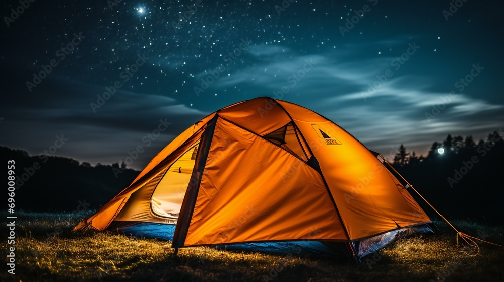 Starry night camping adventure. A captivating scene of a tent under a starry sky, blending nature, solitude, and the magic of the cosmos