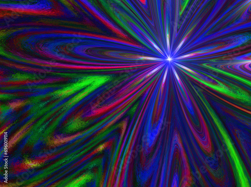 Abstrakcyjne tło, luminescencja. Fantazyjny kwiatowy kształt z rozświetlonym centrum w kolorystyce kobaltu, czerwieni i zieleni © ellaa44