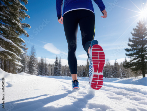 Back view of woman's legs with sport shoes jogging in snow